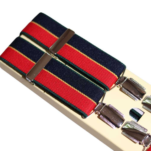 Shop premium 35mm 4-clip suspenders in Red Stripe for a timeless, sophisticated look. Designed for comfort & durability, perfect for formal events, weddings, or everyday wear. Adjustable fit for all-day support. Shop in-store or online now!