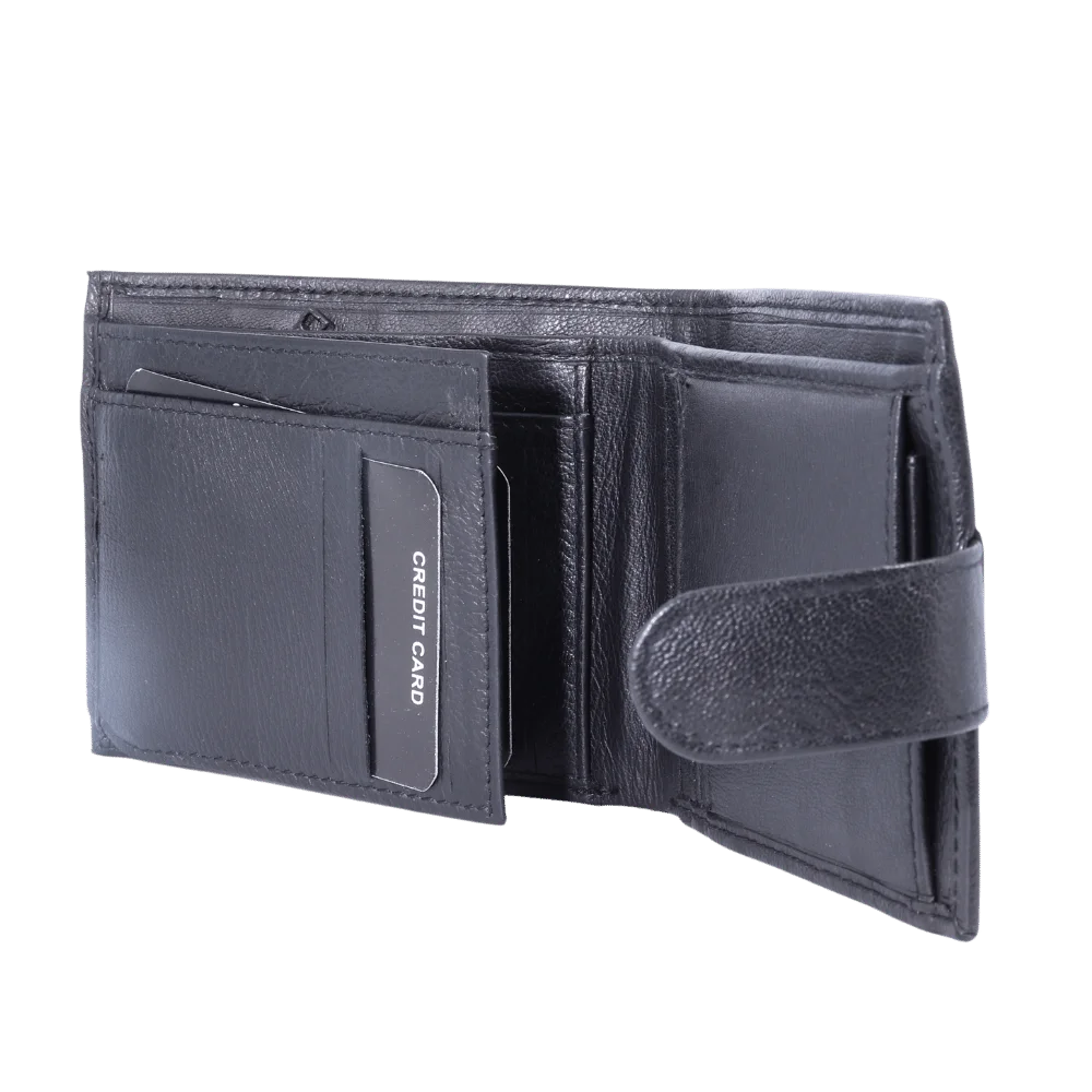 Men's Genuine Leather Carducci wallet in black with flip-style cardholder available in-store, 337 Monty Naicker Street, Durban CBD or online at Omar's Tailors & Outfitters online store.   A men's fashion curation for South African men - established in 1911.