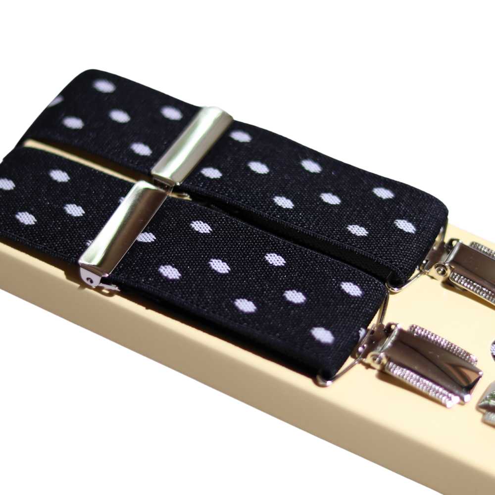 Shop premium 35mm 4-clip suspenders in Black Polka Dot for a timeless, sophisticated look. Designed for comfort & durability, perfect for formal events, weddings, or everyday wear. Adjustable fit for all-day support. Shop in-store or online now!