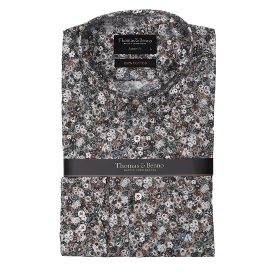 Men's 100% Cotton Thomas & Benno Long Sleeve Formal Shirt with Collar in Floral Print available in-store, 337 Monty Naicker Street, Durban CBD or online at Omar's Tailors & Outfitters online store.   A men's fashion curation for South African men - established in 1911.