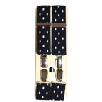 Shop premium 35mm 4-clip suspenders in Black Polka Dot for a timeless, sophisticated look. Designed for comfort & durability, perfect for formal events, weddings, or everyday wear. Adjustable fit for all-day support. Shop in-store or online now!