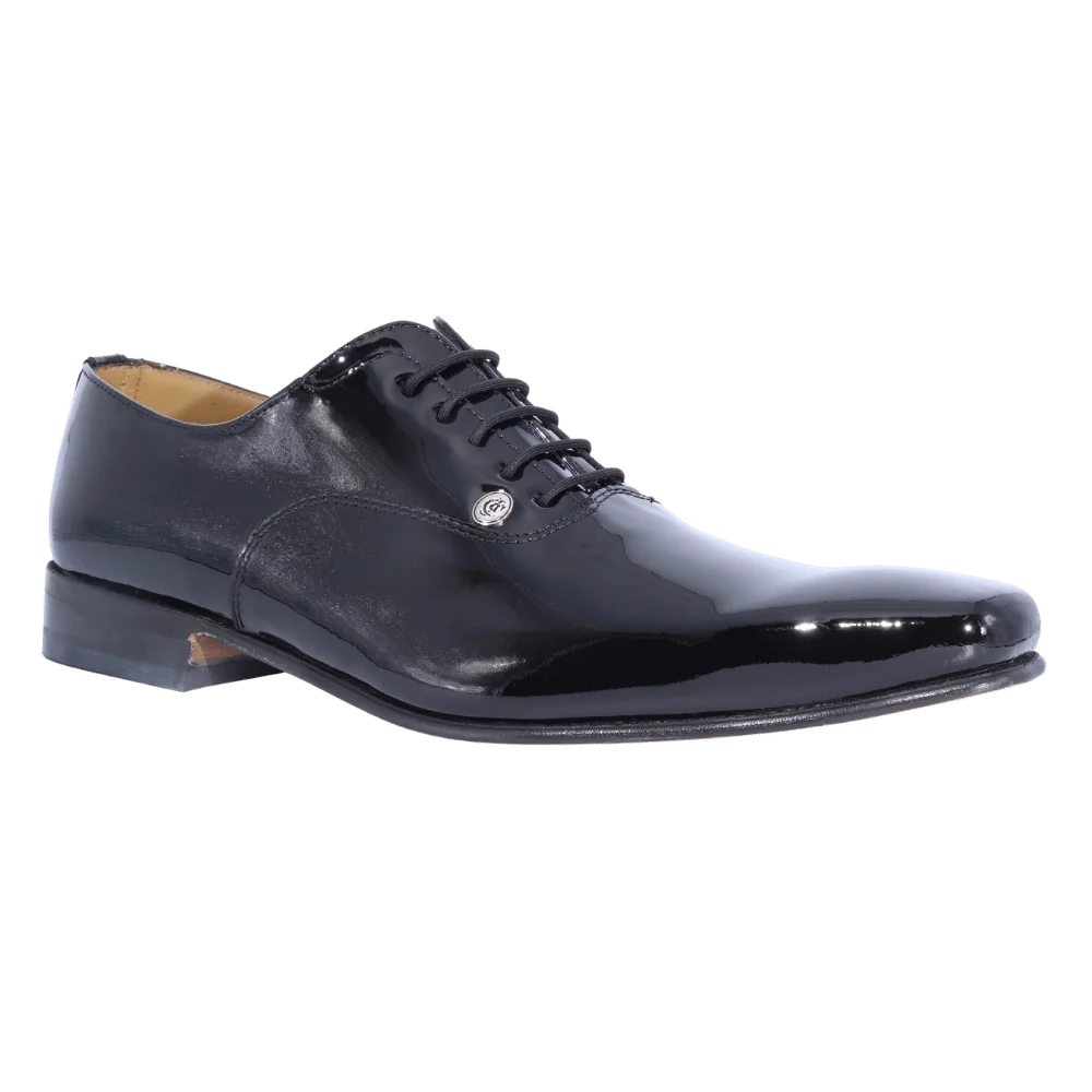 Men's genuine leather upper & sole Crockett & Jones Oxford dress or formal shoe with a patent leather finish available in-store, 337 Monty Naicker Street, Durban CBD or online at Omar's Tailors & Outfitters online store.   A men's fashion curation for South African men - established in 1911.