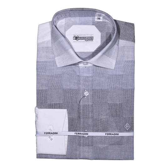 Shop the Men's Ferradini Long Sleeve Collared Shirt in Grey, designed for premium style and comfort. Perfect for all occasions, available in-store at 337 Monty Naicker Street, Durban Central, or online at www.omarstailors.com.