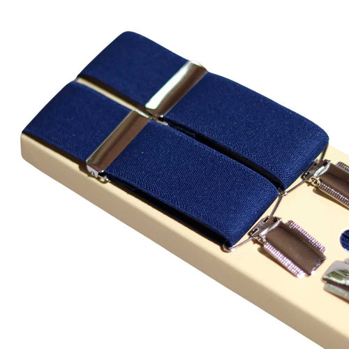 Shop premium 35mm 4-clip suspenders in Navy for a timeless, sophisticated look. Designed for comfort & durability, perfect for formal events, weddings, or everyday wear. Adjustable fit for all-day support. Shop in-store or online now!