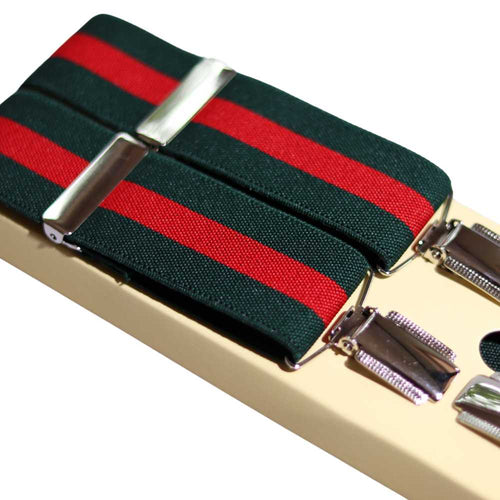 Shop premium 35mm 4-clip suspenders in Green Stripe for a timeless, sophisticated look. Designed for comfort & durability, perfect for formal events, weddings, or everyday wear. Adjustable fit for all-day support. Shop in-store or online now!