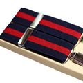 Shop premium 35mm 4-clip suspenders in Navy Stripe for a timeless, sophisticated look. Designed for comfort & durability, perfect for formal events, weddings, or everyday wear. Adjustable fit for all-day support. Shop in-store or online now!