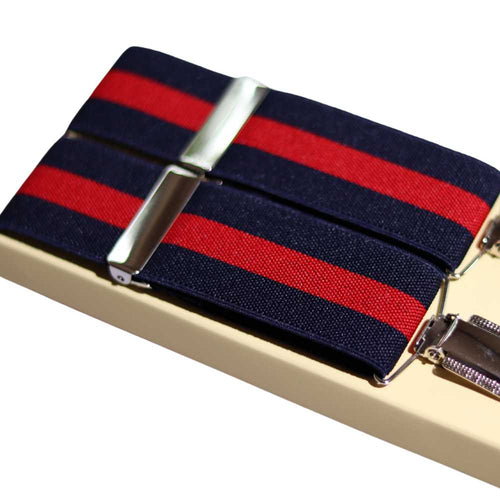 Shop premium 35mm 4-clip suspenders in Navy Stripe for a timeless, sophisticated look. Designed for comfort & durability, perfect for formal events, weddings, or everyday wear. Adjustable fit for all-day support. Shop in-store or online now!