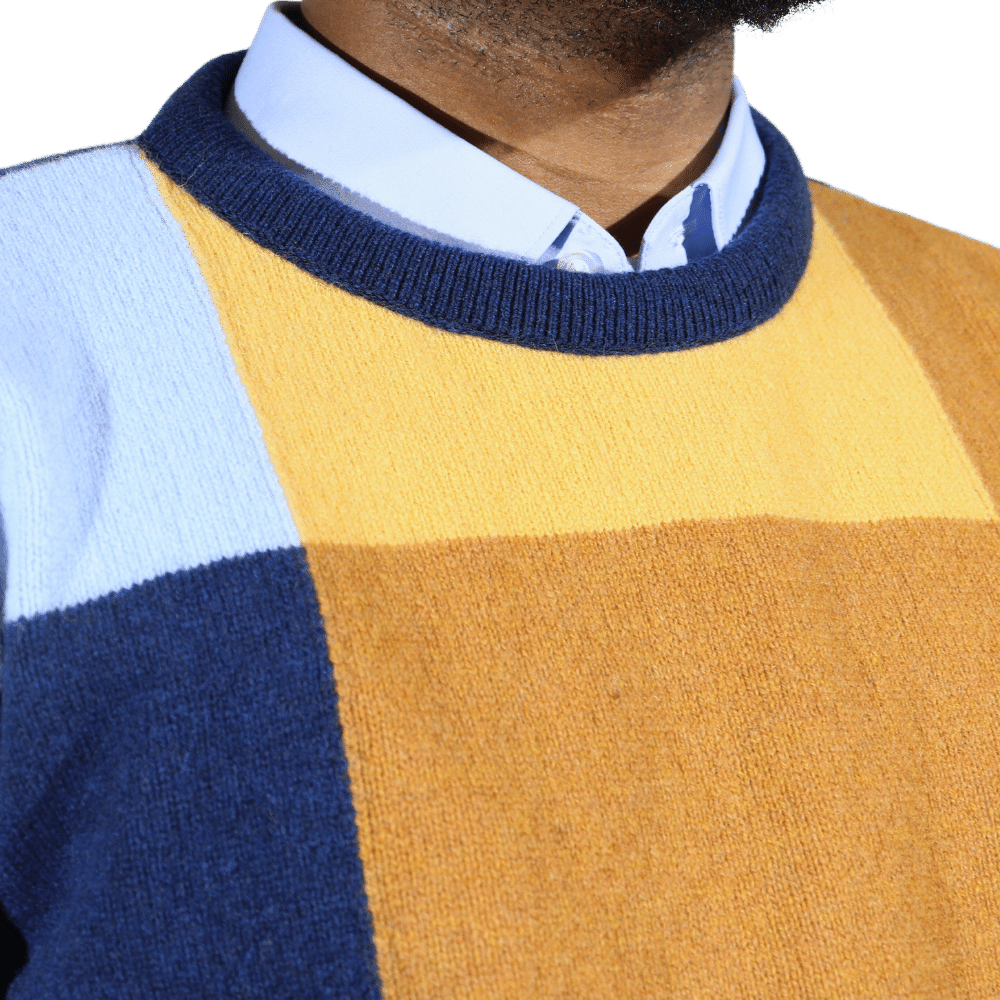 Men's 100% lambswool Loch Lomond crew neck block jersey in blue (5384) available in-store, 337 Monty Naicker Street, Durban CBD or online at Omar's Tailors & Outfitters online store.   A men's fashion curation for South African men - established in 1911.