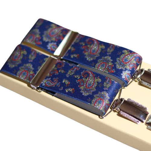 Shop premium 35mm 4-clip suspenders in Paisley Navy for a timeless, sophisticated look. Designed for comfort & durability, perfect for formal events, weddings, or everyday wear. Adjustable fit for all-day support. Shop in-store or online now!