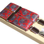 Shop premium 35mm 4-clip suspenders in Paisley Red for a timeless, sophisticated look. Designed for comfort & durability, perfect for formal events, weddings, or everyday wear. Adjustable fit for all-day support. Shop in-store or online now!