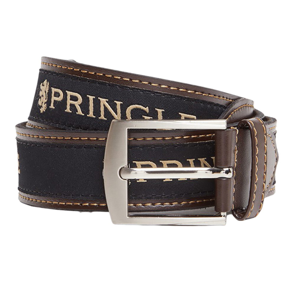 Men's Pringle Casual Sports belt in brown made from genuine leather is the perfect, premium quality essential for any golfer boasting a large silver buckle and visible Pringle branding available in-store or online at Omar's Tailors