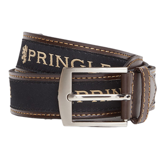 Men's Pringle Casual Sports belt in brown made from genuine leather is the perfect, premium quality essential for any golfer boasting a large silver buckle and visible Pringle branding available in-store or online at Omar's Tailors