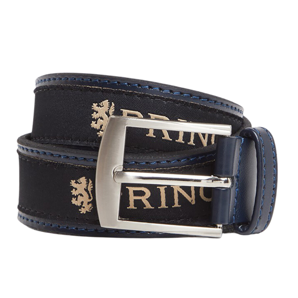 Men's Pringle Casual Sports belt in navy made from genuine leather is the perfect, premium quality essential for any golfer boasting a large silver buckle and visible Pringle branding available in-store or online at Omar's Tailors