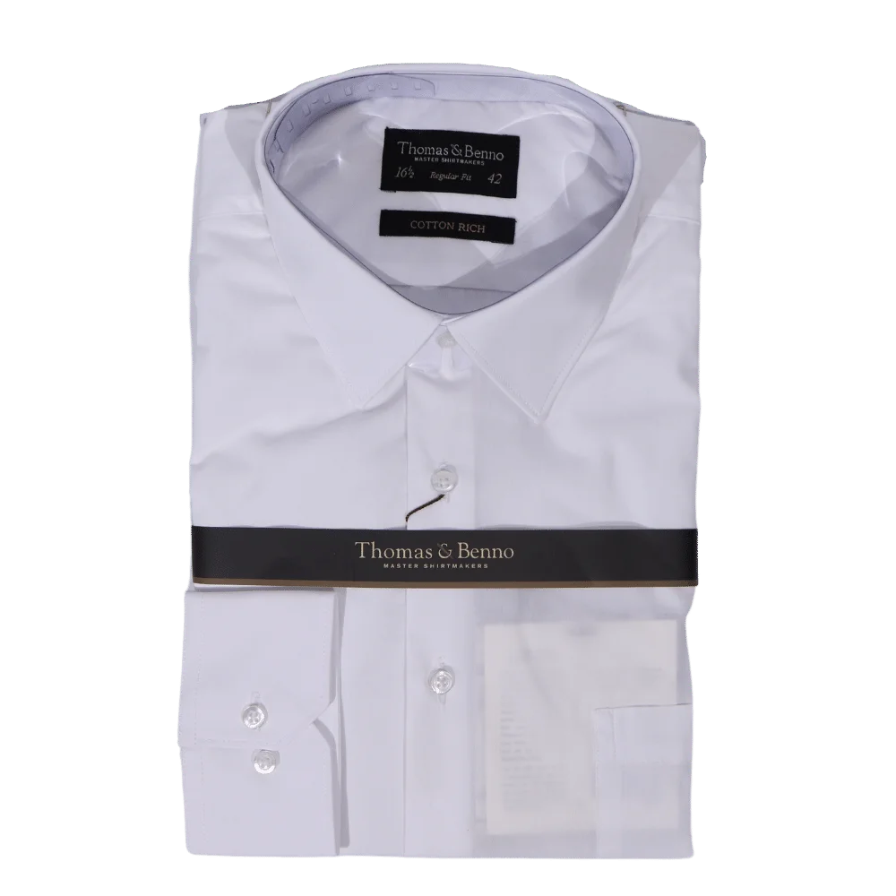 Men's Cotton Rich Thomas & Benno Long Sleeve Formal Shirt with Collar in White available in-store, 337 Monty Naicker Street, Durban CBD or online at Omar's Tailors & Outfitters online store.   A men's fashion curation for South African men - established in 1911.