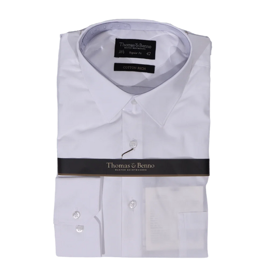 Men's Cotton Rich Thomas & Benno Long Sleeve Formal Shirt with Collar in White available in-store, 337 Monty Naicker Street, Durban CBD or online at Omar's Tailors & Outfitters online store.   A men's fashion curation for South African men - established in 1911.