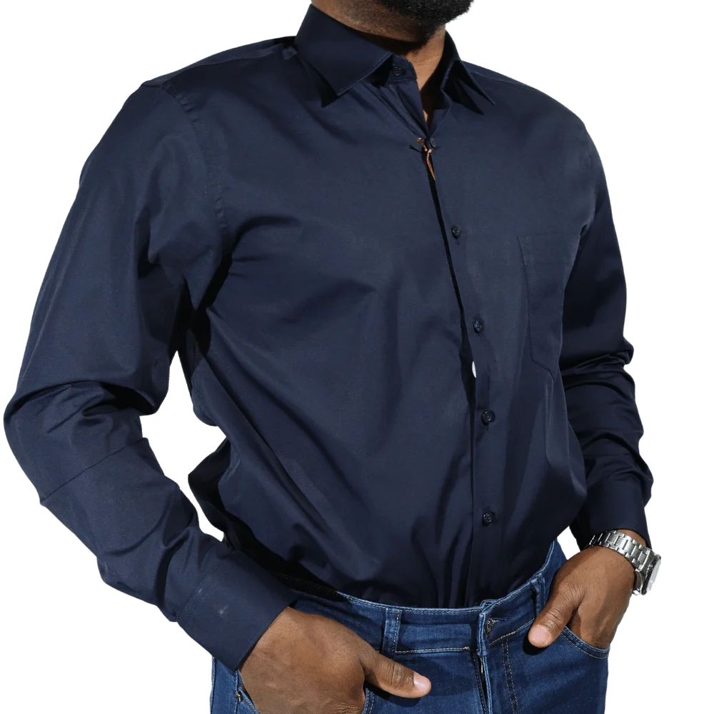 Men's Cotton Rich Thomas & Benno Long Sleeve Formal Shirt with Collar in Navy available in-store, 337 Monty Naicker Street, Durban CBD or online at Omar's Tailors & Outfitters online store.   A men's fashion curation for South African men - established in 1911.