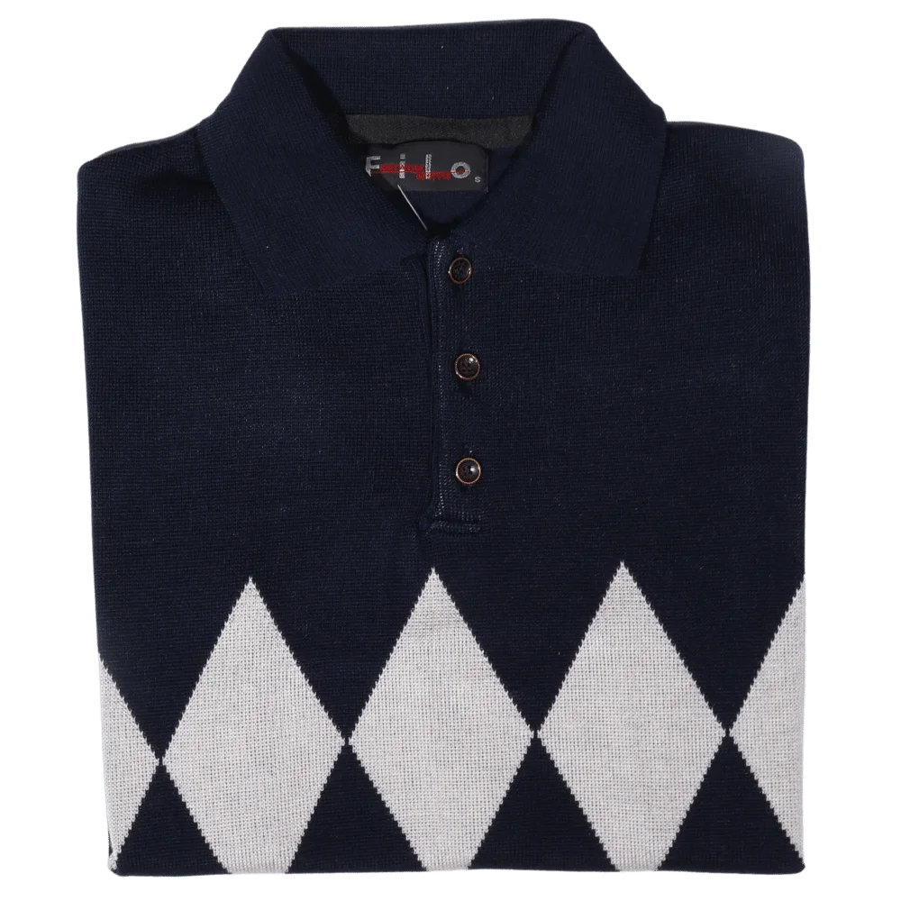 Men's Long Sleeve Filo Golfer Argyle Diamond Jersey in Navy available in-store, 337 Monty Naicker Street, Durban CBD or online at Omar's Tailors & Outfitters online store.   A men's fashion curation for South African men - established in 1911.