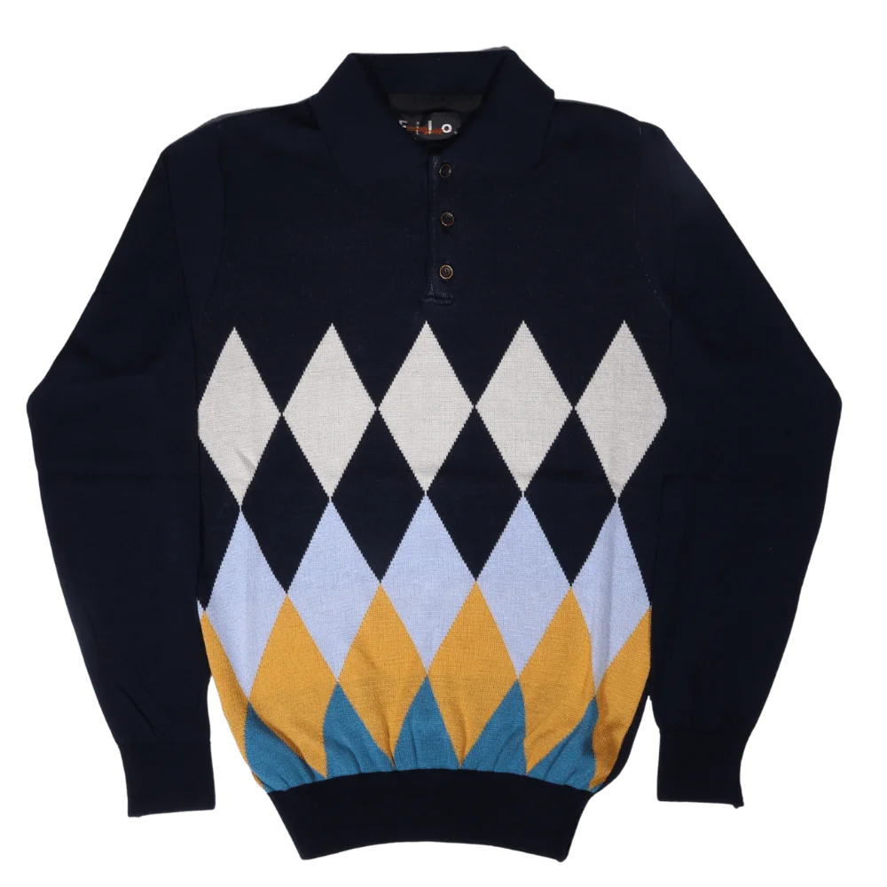 Men's Long Sleeve Filo Golfer Argyle Diamond Jersey in Navy available in-store, 337 Monty Naicker Street, Durban CBD or online at Omar's Tailors & Outfitters online store.   A men's fashion curation for South African men - established in 1911.