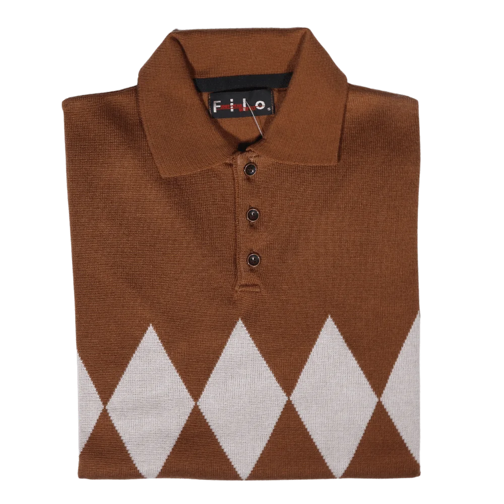 Men's Long Sleeve Filo Golfer Argyle Diamond Jersey in Brown available in-store, 337 Monty Naicker Street, Durban CBD or online at Omar's Tailors & Outfitters online store.   A men's fashion curation for South African men - established in 1911.