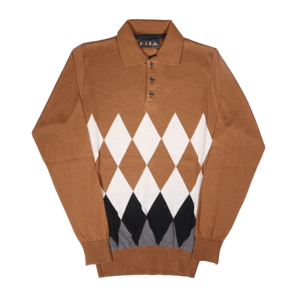 Men's Long Sleeve Filo Golfer Argyle Diamond Jersey in Brown available in-store, 337 Monty Naicker Street, Durban CBD or online at Omar's Tailors & Outfitters online store.   A men's fashion curation for South African men - established in 1911.