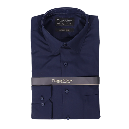 Men's Cotton Rich Thomas & Benno Long Sleeve Formal Shirt with Collar in Navy available in-store, 337 Monty Naicker Street, Durban CBD or online at Omar's Tailors & Outfitters online store.   A men's fashion curation for South African men - established in 1911.