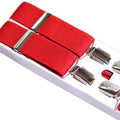 Shop premium 35mm 4-clip suspenders in Red for a timeless, sophisticated look. Designed for comfort & durability, perfect for formal events, weddings, or everyday wear. Adjustable fit for all-day support. Shop in-store or online now!
