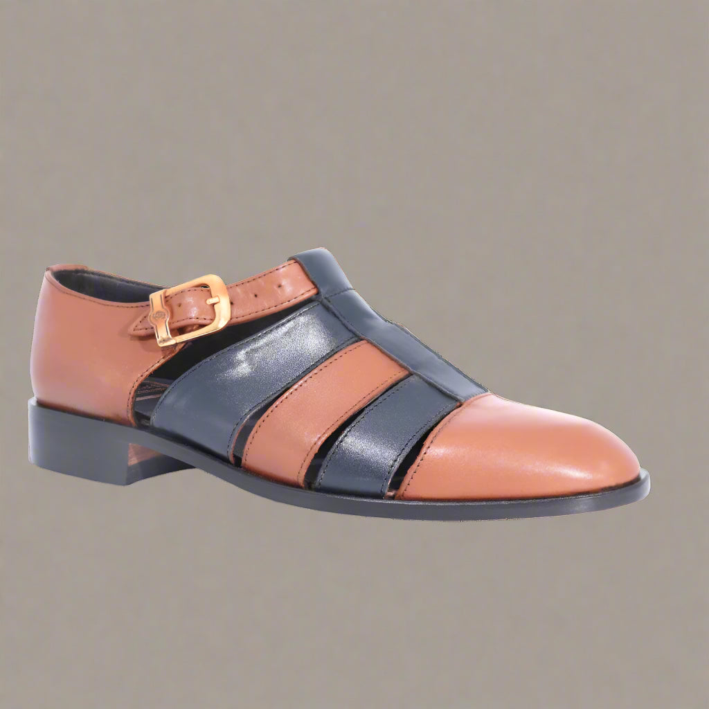 Crockett & Jones Indicalf Sandal - Royalcalf Tan and Navy (Genuine Leather Upper and Sole)
