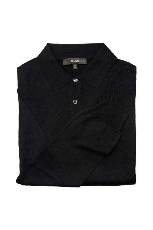 Men's Bagozza merino wool blend long-sleeve golf shirt with ribbing in black (8370) - available in-store, 337 Monty Naicker Street, Durban CBD or online at Omar's Tailors & Outfitters online store.   A men's fashion curation for South African men - established in 1911.