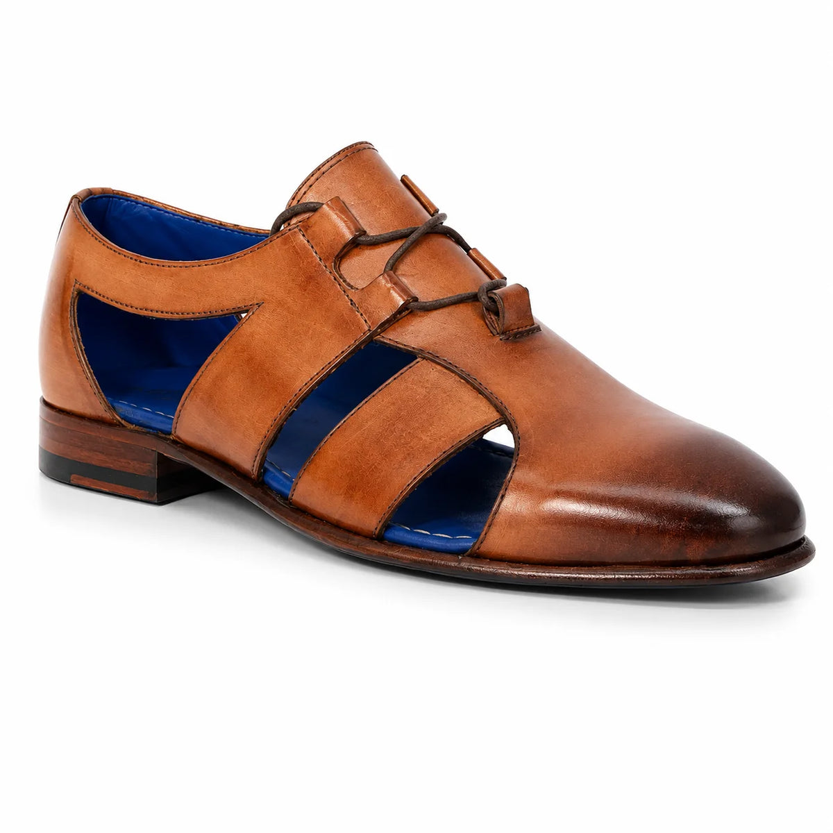 Men’s Aliverti tan genuine leather lace-up sandal — toe out view