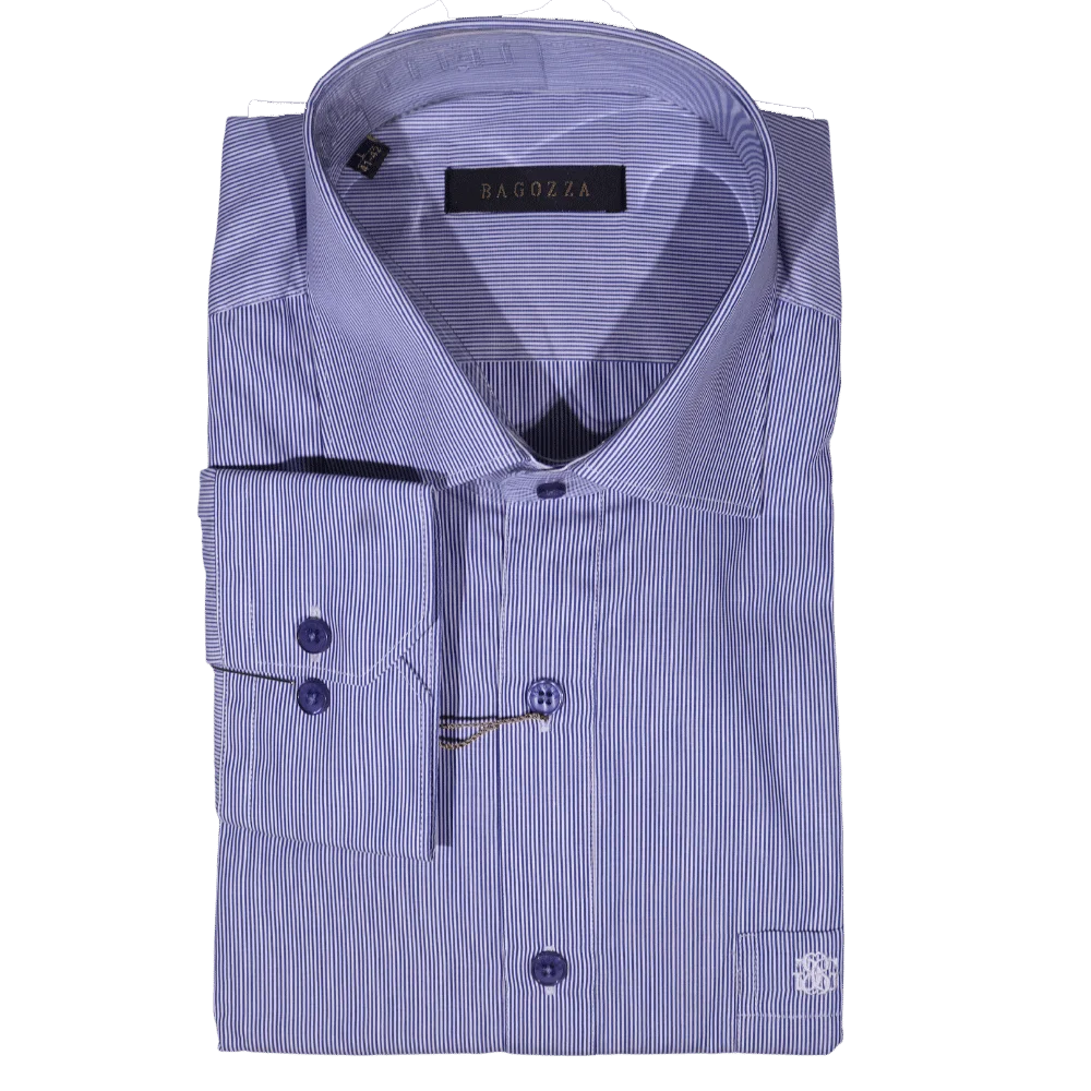 Men's Bagozza Long Sleeve Formal Shirt in Blue Pinstripe (1034) available in-store, 337 Monty Naicker Street, Durban CBD or online at Omar's Tailors & Outfitters online store.   A men's fashion curation for South African men - established in 1911.