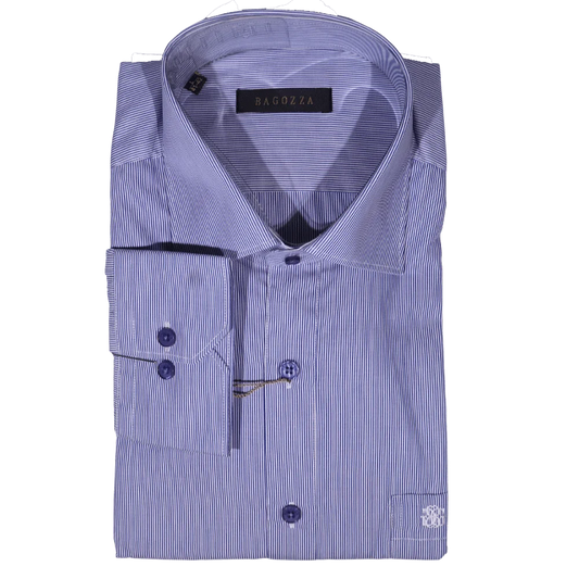 Men's Bagozza Long Sleeve Formal Shirt in Blue Pinstripe (1034) available in-store, 337 Monty Naicker Street, Durban CBD or online at Omar's Tailors & Outfitters online store.   A men's fashion curation for South African men - established in 1911.