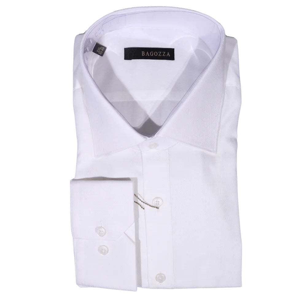 Men's Bagozza Long Sleeve Formal Shirt in White (1830) available in-store, 337 Monty Naicker Street, Durban CBD or online at Omar's Tailors & Outfitters online store.   A men's fashion curation for South African men - established in 1911.