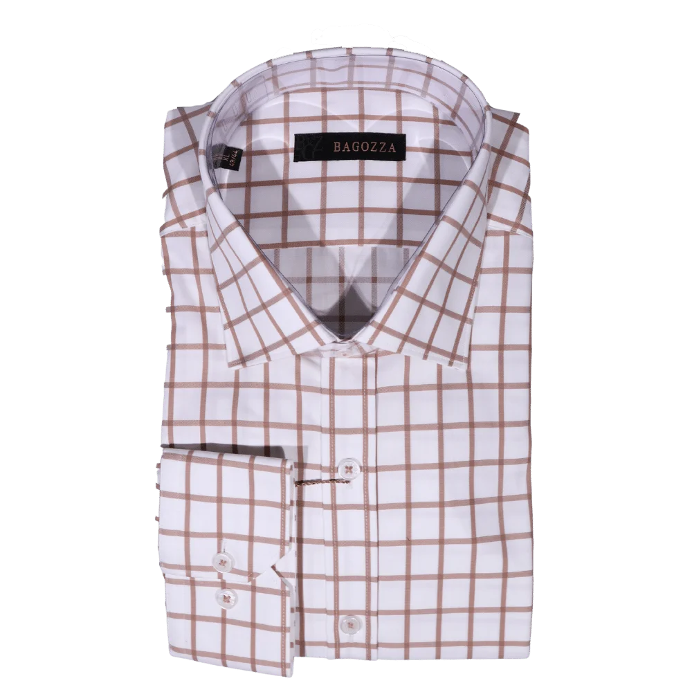 Bagozza Long Sleeve Slim Fit Formal Shirt in Brown Check (2447) available in-store, 337 Monty Naicker Street, Durban CBD or online at Omar's Tailors & Outfitters online store.   A men's fashion curation for South African men - established in 1911.