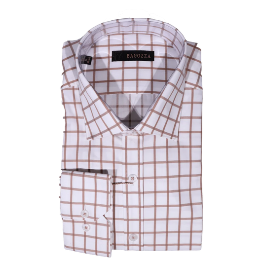 Bagozza Long Sleeve Slim Fit Formal Shirt in Brown Check (2447) available in-store, 337 Monty Naicker Street, Durban CBD or online at Omar's Tailors & Outfitters online store.   A men's fashion curation for South African men - established in 1911.