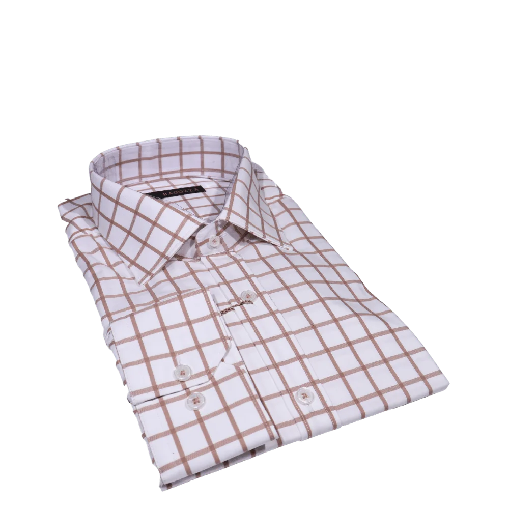 Bagozza Long Sleeve Slim Fit Formal Shirt in Brown Check (2447) available in-store, 337 Monty Naicker Street, Durban CBD or online at Omar's Tailors & Outfitters online store.   A men's fashion curation for South African men - established in 1911.