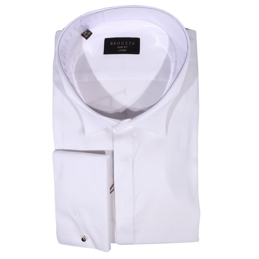 Bagozza Slim Fit Lycra Long Sleeve Formal Shirt in White (2951) available in-store, 337 Monty Naicker Street, Durban CBD or online at Omar's Tailors & Outfitters online store.   A men's fashion curation for South African men - established in 1911.