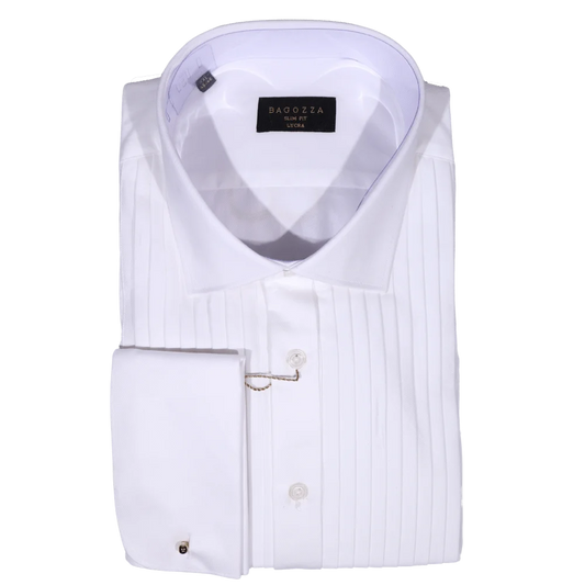 Men's Bagozza Slim Fit Long Sleeve Lycra Formal Shirt in White (3104) available in-store, 337 Monty Naicker Street, Durban CBD or online at Omar's Tailors & Outfitters online store.   A men's fashion curation for South African men - established in 1911.