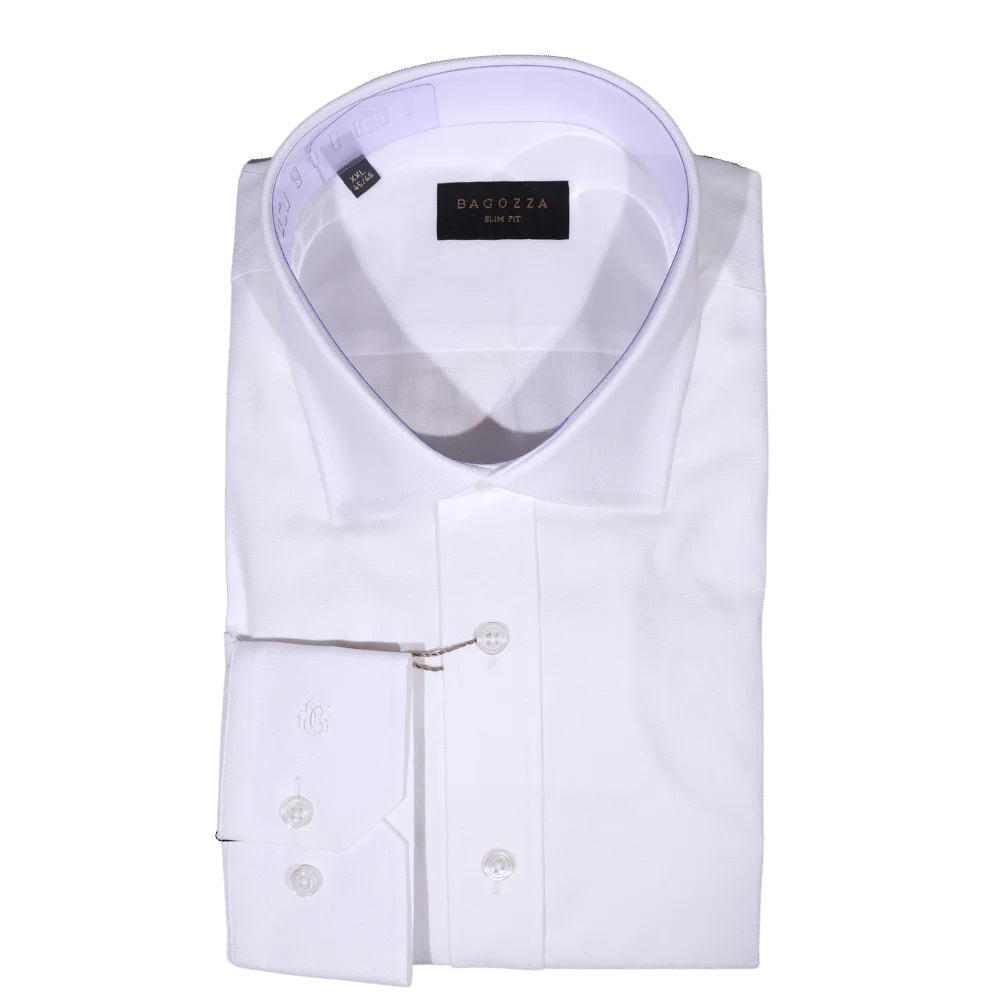 Men's Bagozza Slim Fit Long Sleeve Formal Shirt in White (3130) available in-store, 337 Monty Naicker Street, Durban CBD or online at Omar's Tailors & Outfitters online store.   A men's fashion curation for South African men - established in 1911.