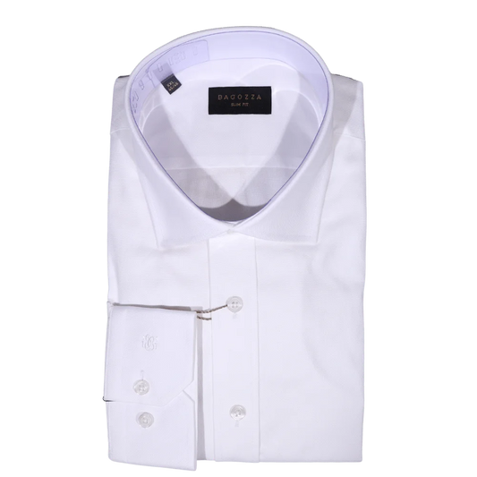 Men's Bagozza Slim Fit Long Sleeve Formal Shirt in White (3130) available in-store, 337 Monty Naicker Street, Durban CBD or online at Omar's Tailors & Outfitters online store.   A men's fashion curation for South African men - established in 1911.