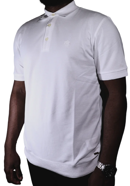 Men's Bagozza 100% cotton short sleeve golf shirt with textured sleeve cuff in white (6303) - available in-store, 337 Monty Naicker Street, Durban CBD or online at Omar's Tailors & Outfitters online store.   A men's fashion curation for South African men - established in 1911.