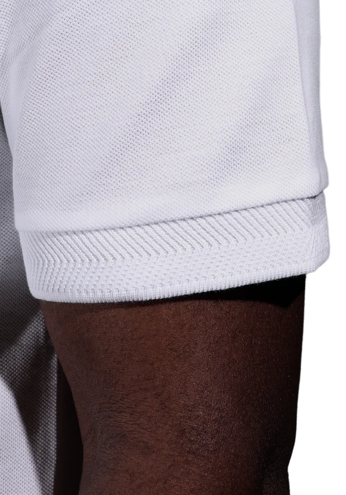 Men's Bagozza 100% cotton short sleeve golf shirt with textured sleeve cuff in white (6303) - available in-store, 337 Monty Naicker Street, Durban CBD or online at Omar's Tailors & Outfitters online store.   A men's fashion curation for South African men - established in 1911.