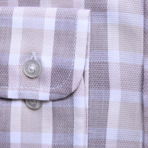 Shop the Carlo Galucci Italia Cotton Rich Shirt with a stylish taupe-check pattern and classic fit. Perfect for any occasion, available in-store at 337 Monty Naicker Street, Durban Central, or online at www.omarstailors.com.