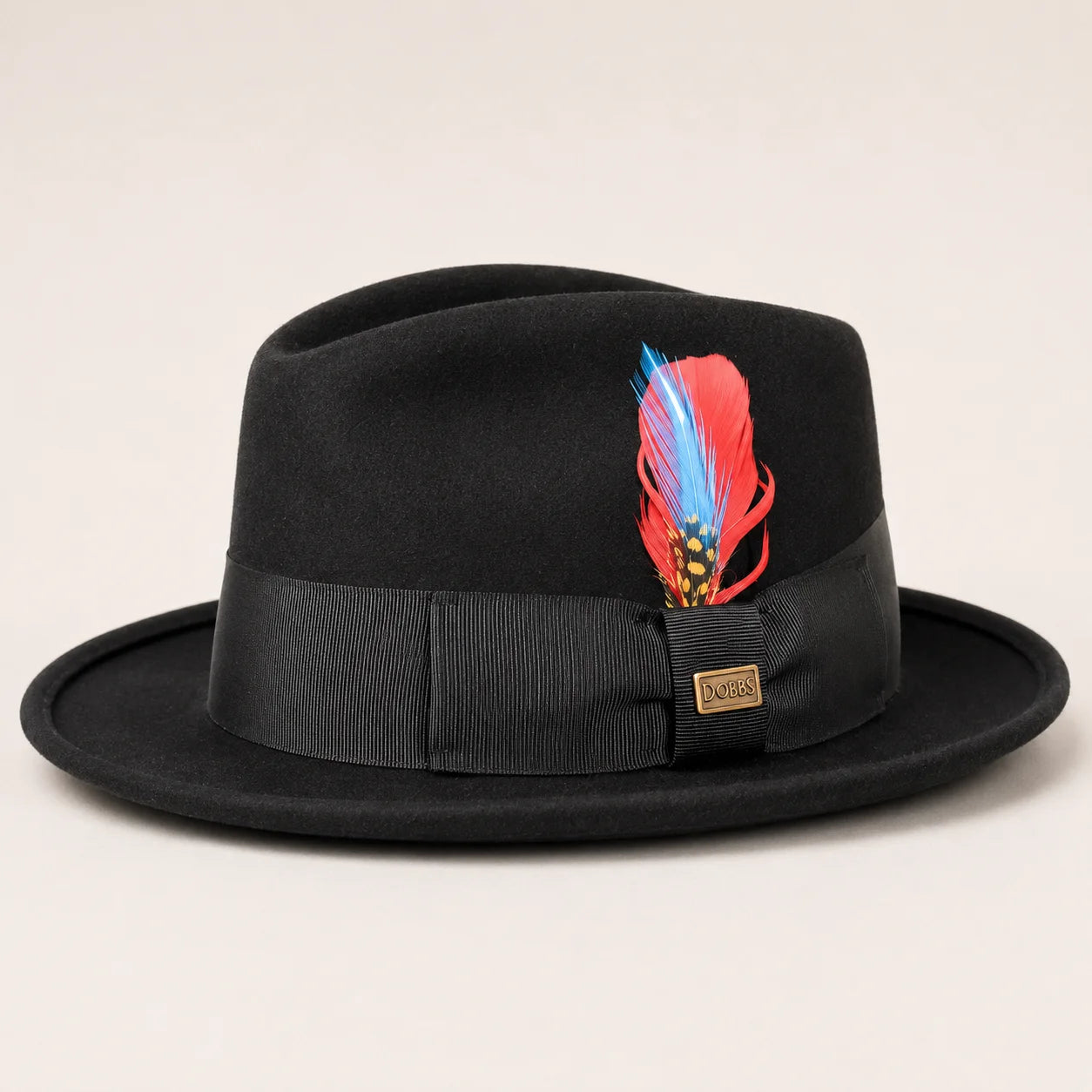 Men's black Dobbs fur-felt fedora hat with ribbon band and feather accent