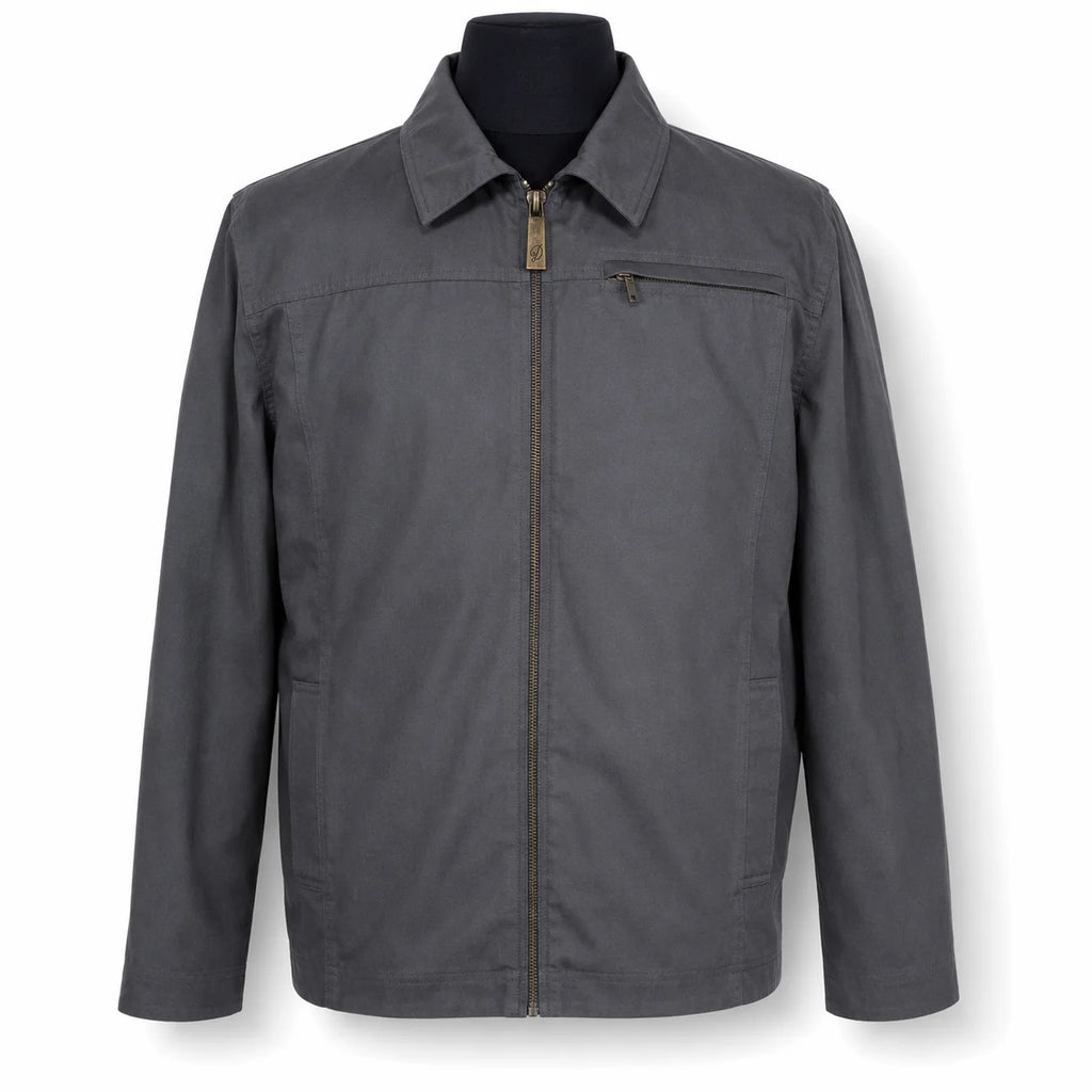 A grey Durburg Mistral zip-up jacket with a pointed collar and a diagonal chest pocket, displayed on a black mannequin torso against a white background.