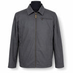A grey Durburg Mistral zip-up jacket with a pointed collar and a diagonal chest pocket, displayed on a black mannequin torso against a white background.