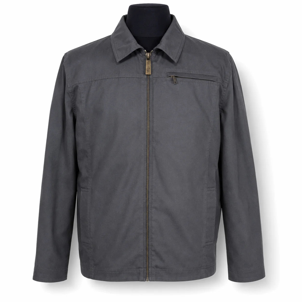 A grey Durburg Mistral zip-up jacket with a pointed collar and a diagonal chest pocket, displayed on a black mannequin torso against a white background.