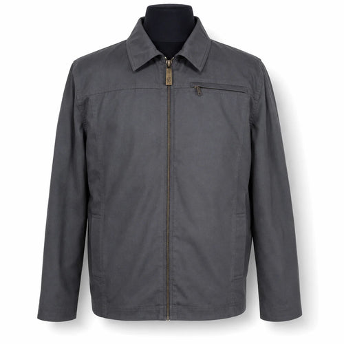 A grey Durburg Mistral zip-up jacket with a pointed collar and a diagonal chest pocket, displayed on a black mannequin torso against a white background.