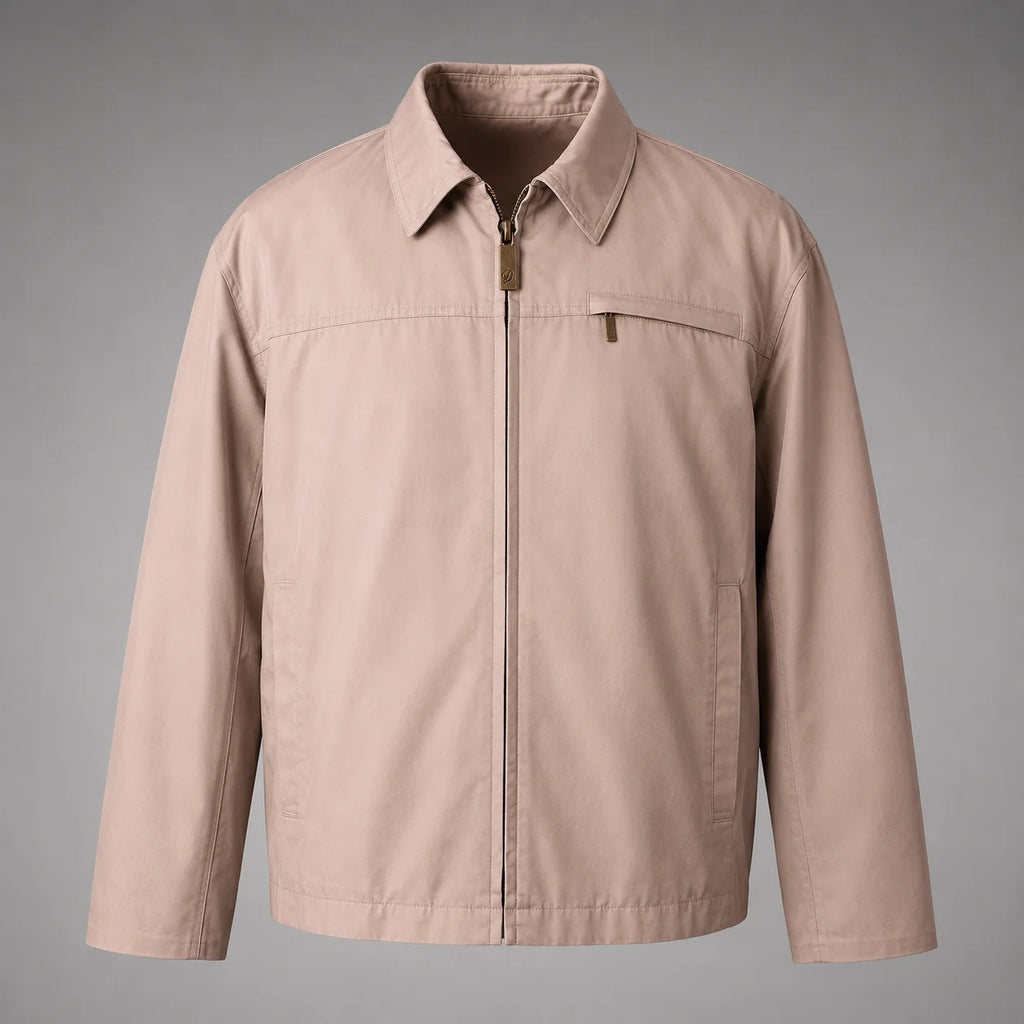 A light beige utility jacket with a full front zipper, pointed collar, and a zippered chest pocket, shown against a neutral gray background.
