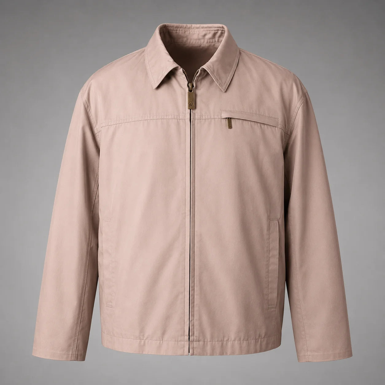 A light beige utility jacket with a full front zipper, pointed collar, and a zippered chest pocket, shown against a neutral gray background.
