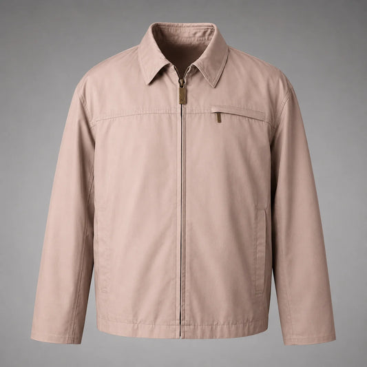 A light beige utility jacket with a full front zipper, pointed collar, and a zippered chest pocket, shown against a neutral gray background.